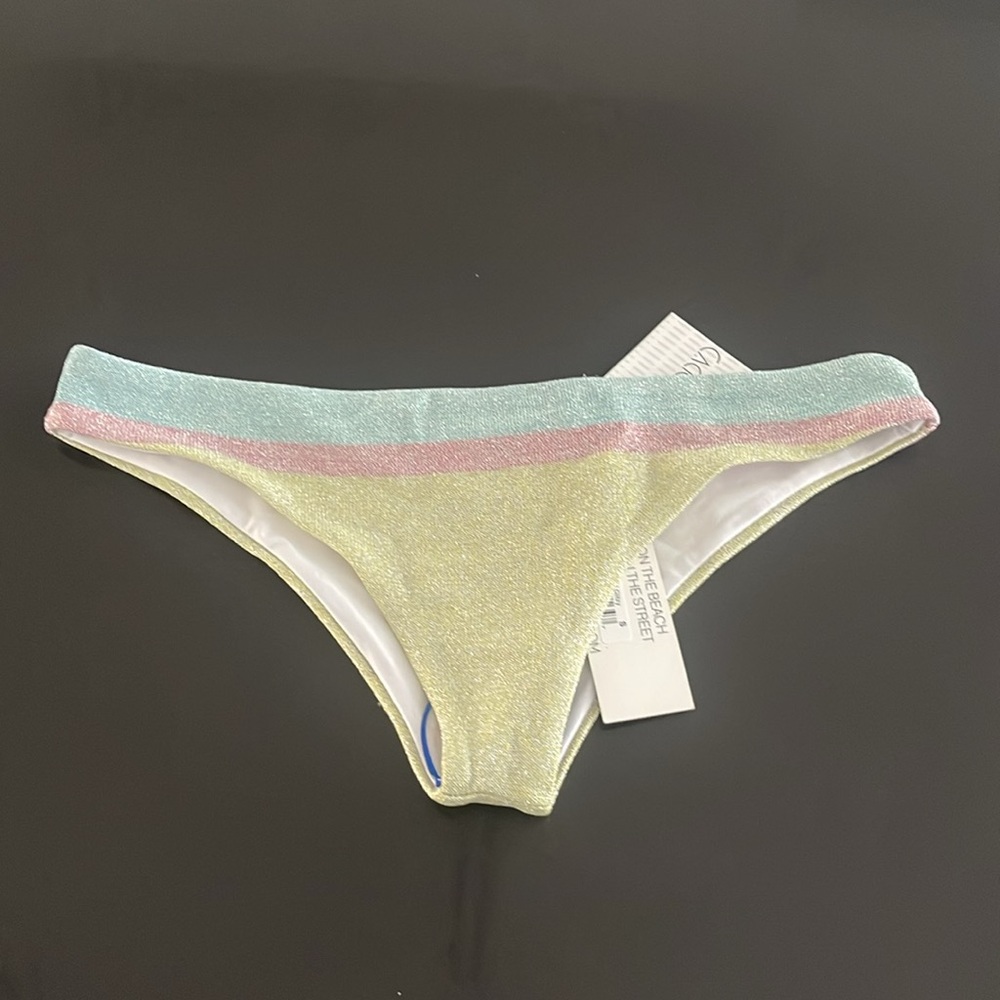 Blue, pink, and yellow bikini bottom